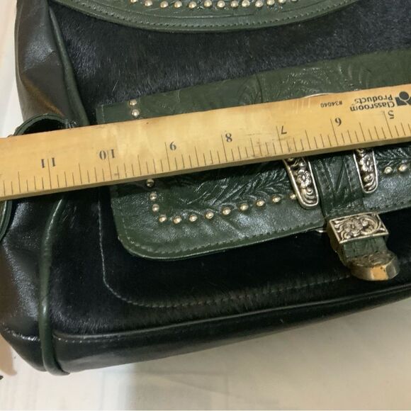 American West Black Hair-On Cowtown Green Tooled Leather Zip-Top Shoulder Bag - Picture 11 of 15
